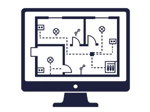 Flaticon f&uuml;r Leistungen mit modernem Monitor, CAD-Grundriss und Symbolen der Elektroplanung