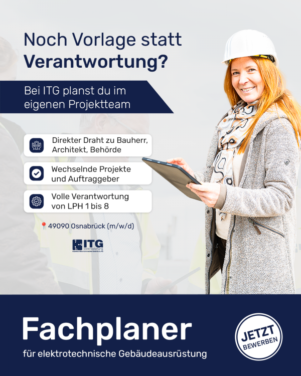 Karriereanzeige von ITG Elektroplanung f&uuml;r Fachplaner der elektrotechnischen Geb&auml;udeausr&uuml;stung in Osnabr&uuml;ck